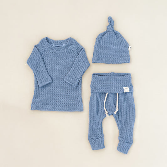 Denim blue waffle knit baby boy coming home outfit