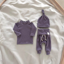 Load image into Gallery viewer, Purple rib knit baby outfit with long sleeve shirt, pants and matching beanie - newborn and infant size clothing