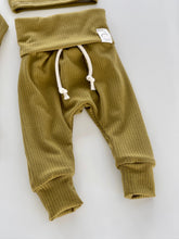 Load image into Gallery viewer, Stretchy ribbed knit baby pants in lime green – cozy unisex infant clothing