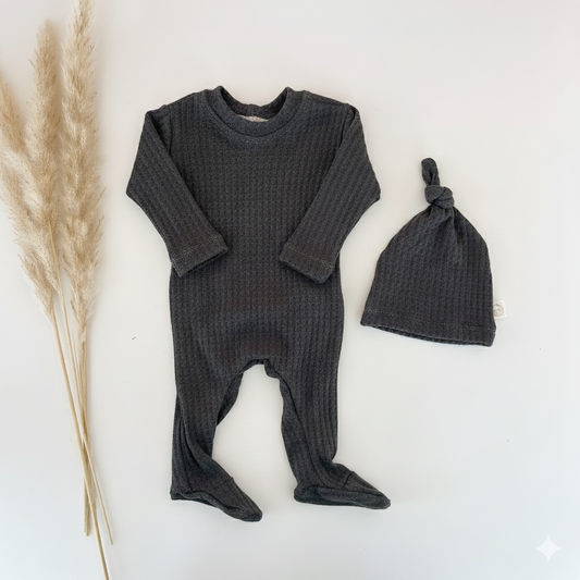 Dark gray waffle knit footie romper
