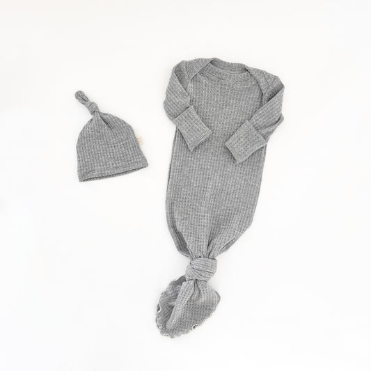 baby knotted gown with matching hat in gray waffle knit