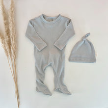 Load image into Gallery viewer, infant back flap footie outfit made from breathable waffle knit, cozy newborn pajamas, neutral baby clothing perfect for nighttime and daytime use