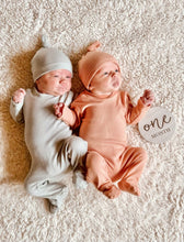 Load image into Gallery viewer, Boy Girl Twin outfits that mix and match, thermal knit baby footie onesie