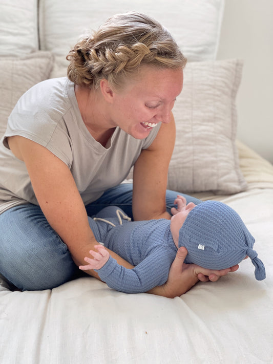 Soft knit blue coming home outfit for newborn boy
