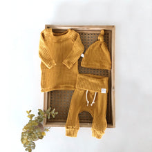 Load image into Gallery viewer, Mustard yellow waffle knit baby romper, trendy fall newborn outfit