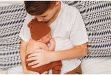 Load image into Gallery viewer, Infant waffle knit outfit – rust brown baby lounge set with top, pants, and knotted beanie