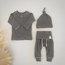 Load image into Gallery viewer, modern black and white stripe baby boy clothes

