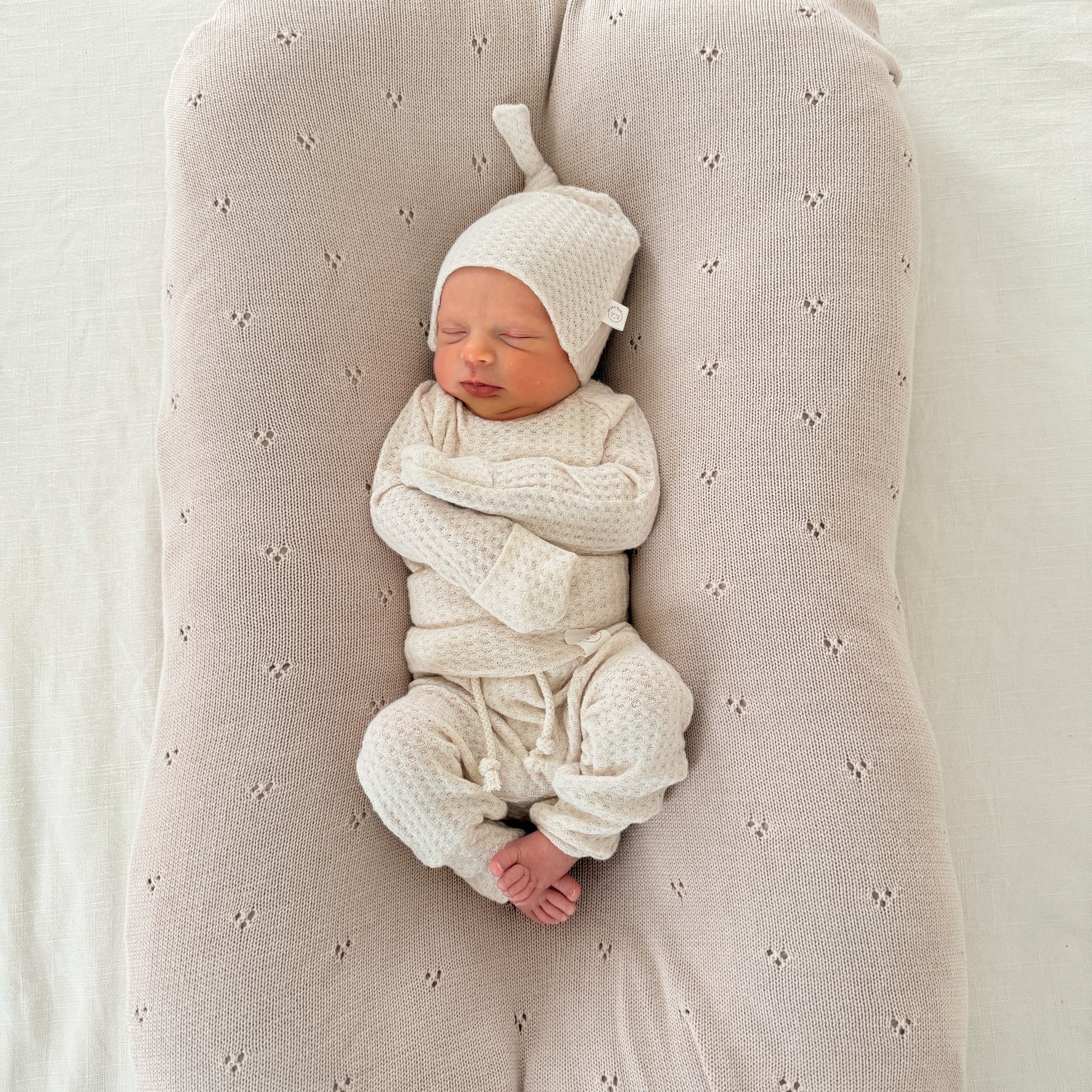 Cream waffle knit neutral newborn coming home outfit
