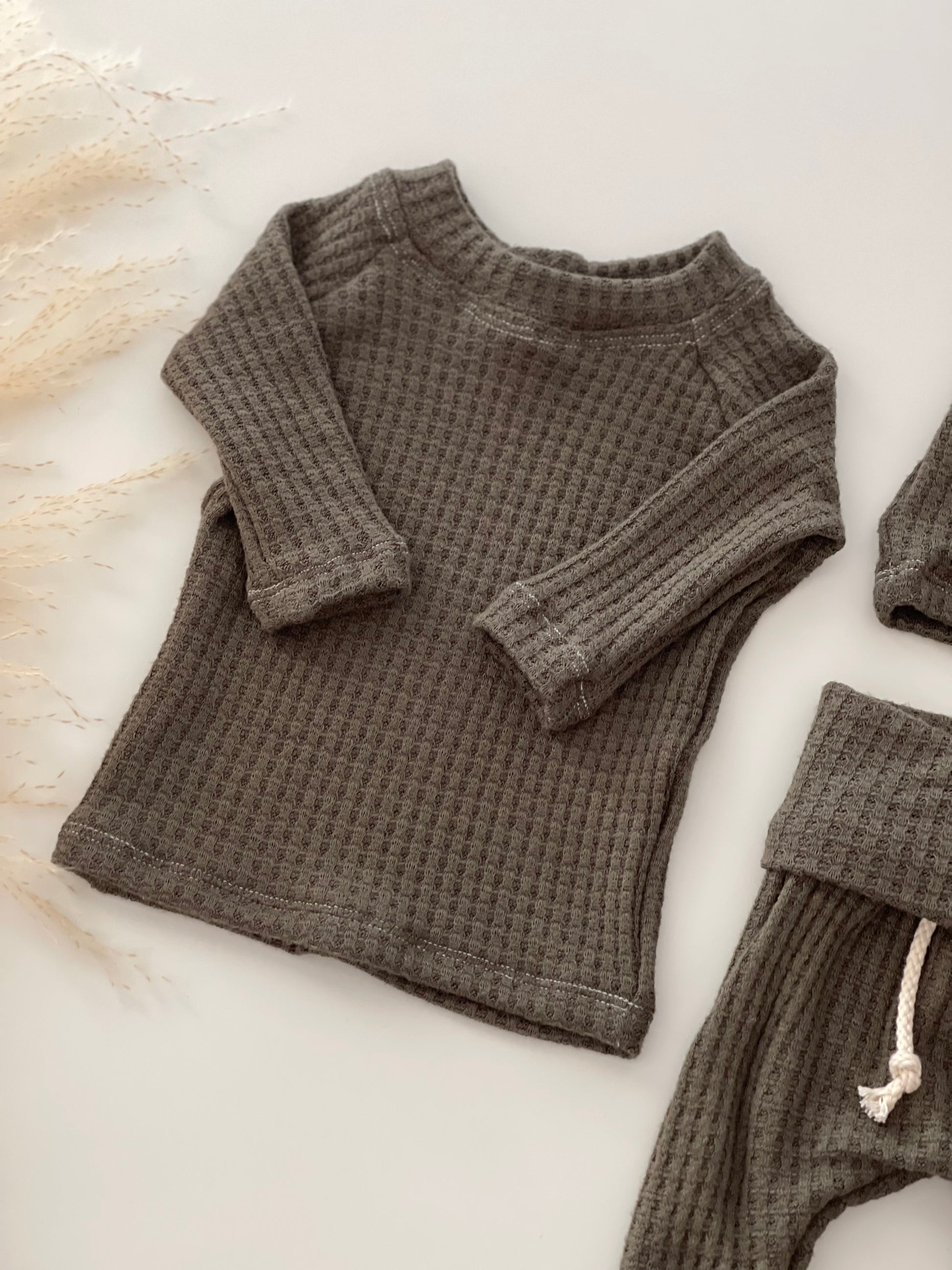 Olive waffle knit coming home outfit for newborn boy