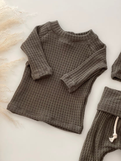 Olive waffle knit coming home outfit for newborn boy