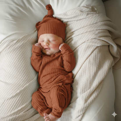 Rust waffle knit baby outfit set – fall newborn long sleeve top, pants with drawstring, and knotted beanie hat.
