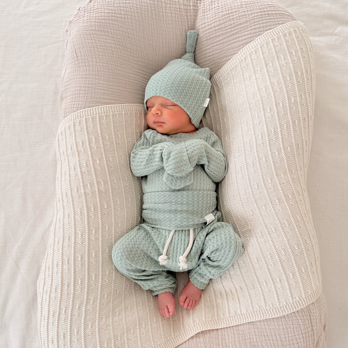 Mint blue waffle knit baby boy coming home outfit