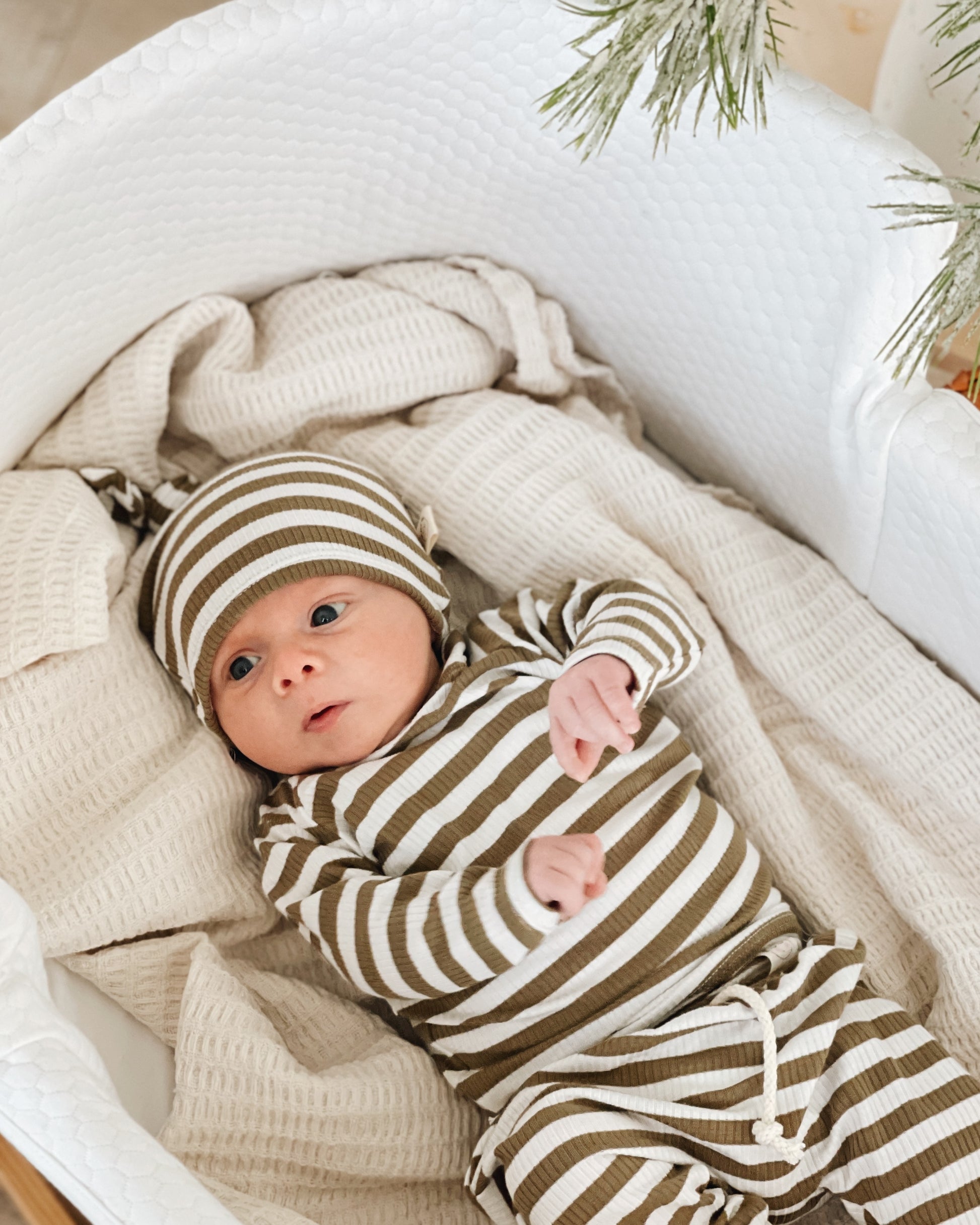 green and white stripe newborn Christmas pajamas
