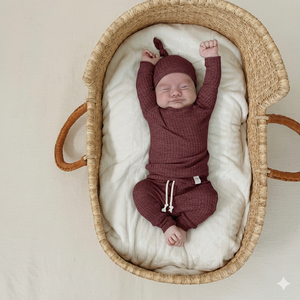 Maroon waffle knit baby outfit, warm winter newborn outfit, coming home outfit in December.