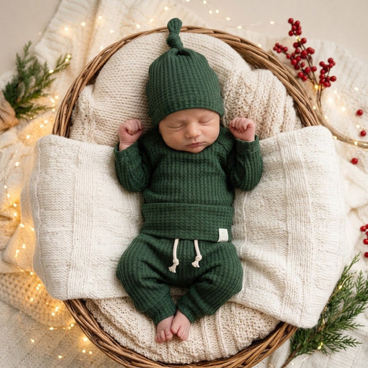 A sleeping newborn baby wearing a matching dark green knit hat, long-sleeve outfit, and pants with white drawstrings, posed in a wicker basket on a cream knit blanket with warm twinkle lights and red berries around the edges.