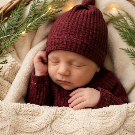 Newborn baby wearing a red waffle knit outfit snuggled in a cozy blanket