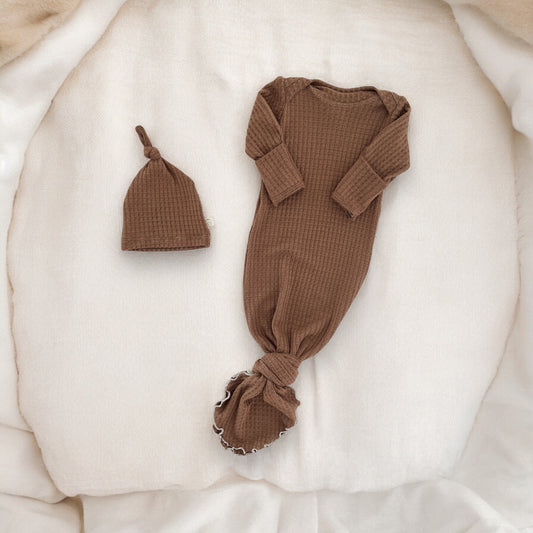 Neutral waffle knit baby gown
