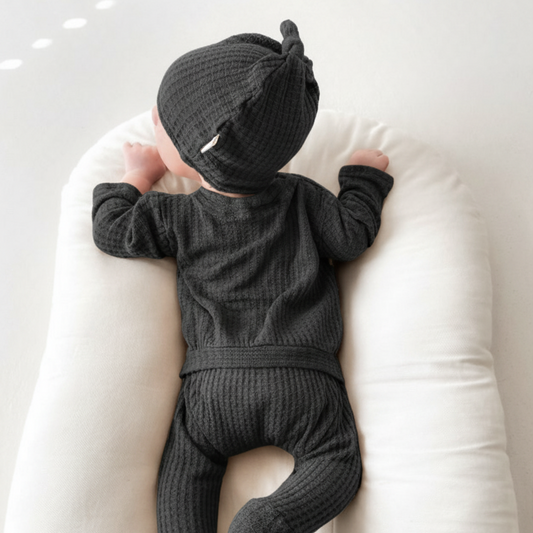 Dark gray waffle butt flap footie outfit