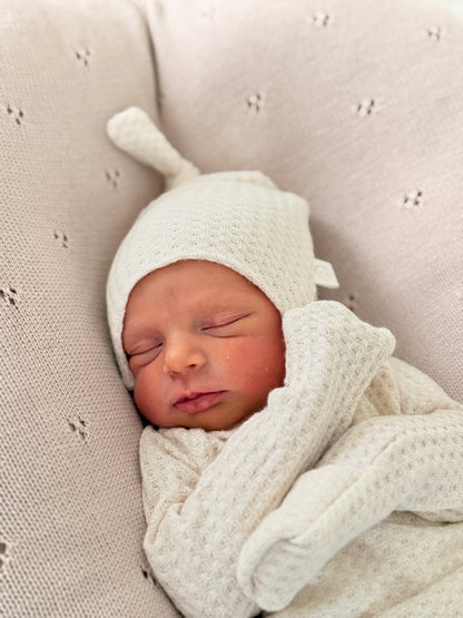 oatmeal waffle knit neutral newborn coming home outfit by Two Sweet Cheeks