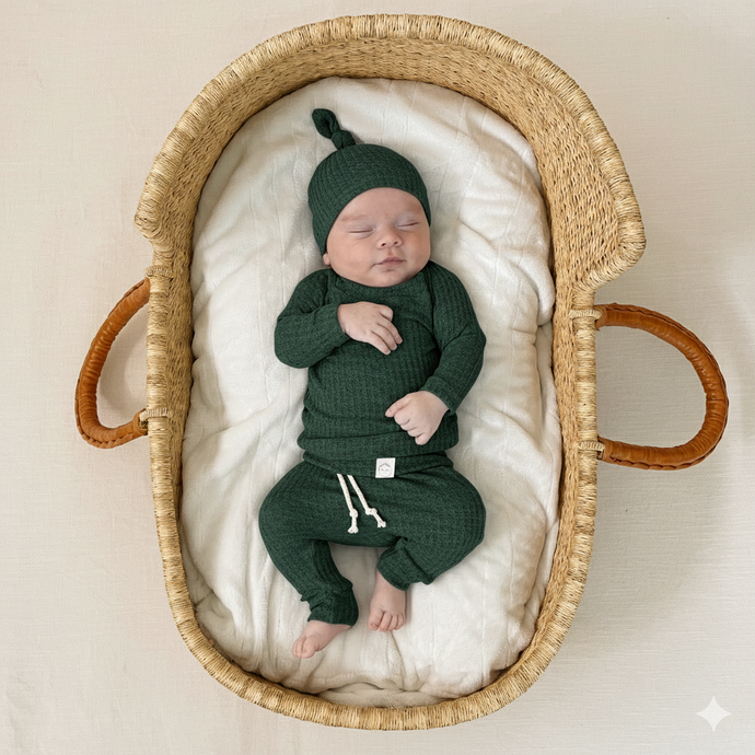 Baby’s first Christmas photo outfit, waffle knit clothes for babies, green newborn outfit.