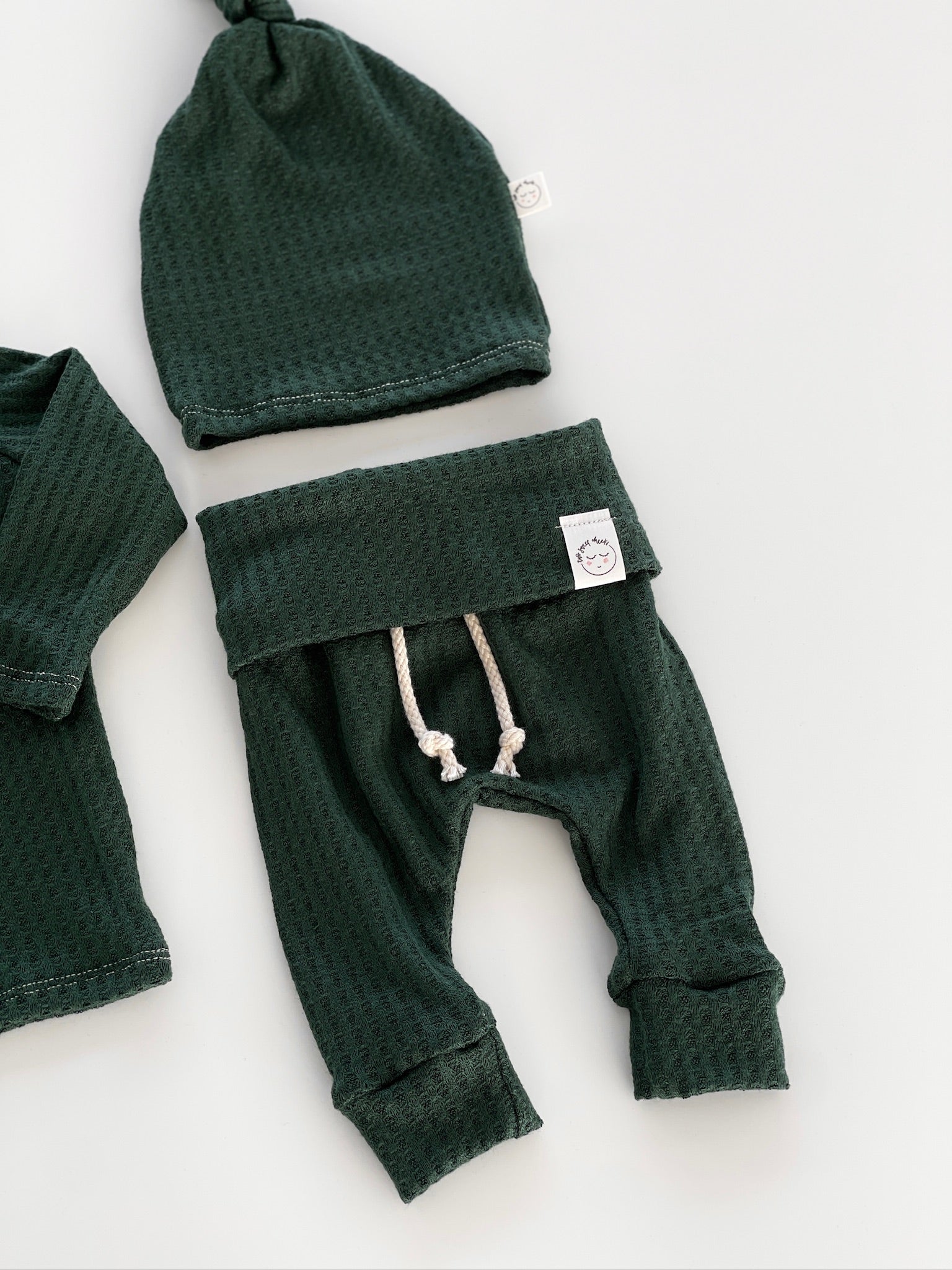 modern waffle knit newborn clothes, gender neutral green baby outfit