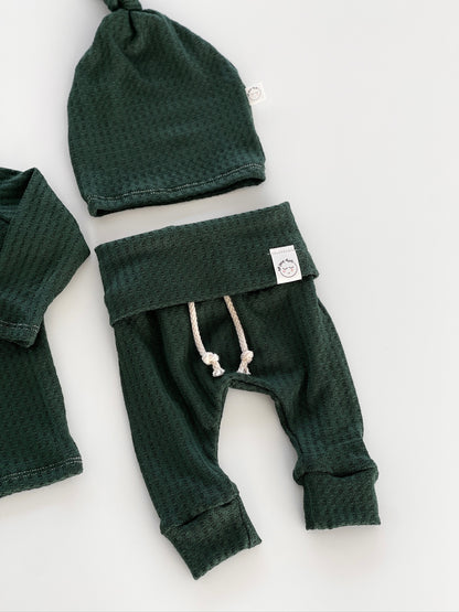 modern waffle knit newborn clothes, gender neutral green baby outfit
