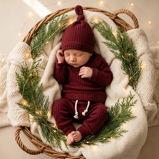 A sleeping newborn baby wearing a matching red knit hat, posed inside a wicker basket lined with a cream blanket and decorated with green pine branches and warm twinkle lights.