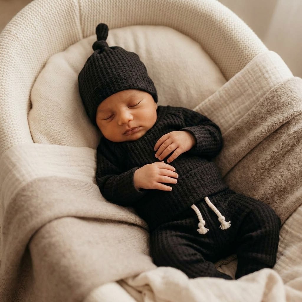 newborn wearing a black waffle knit set