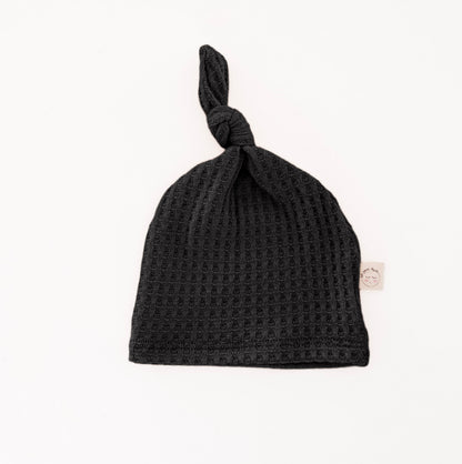 black waffle knit knotted hat for babies