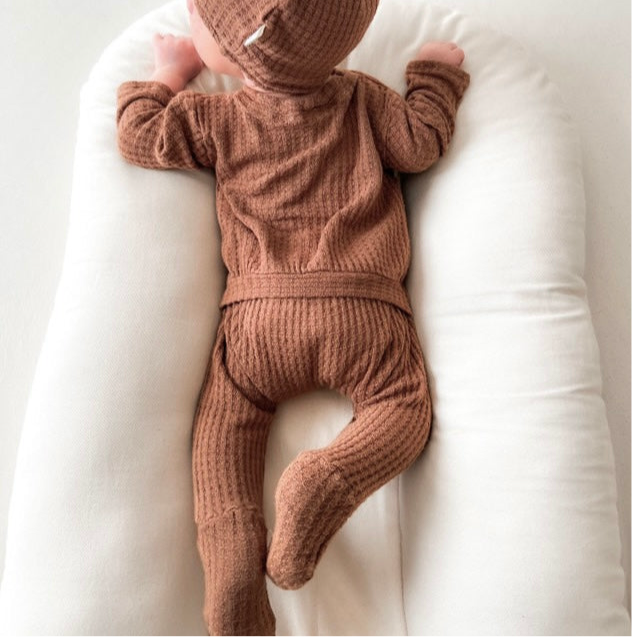 brown waffle knit footie one piece for babies