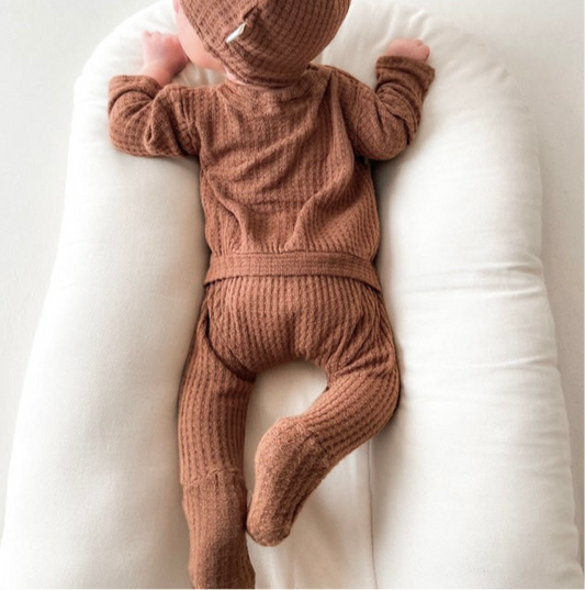 brown waffle knit footie one piece for babies