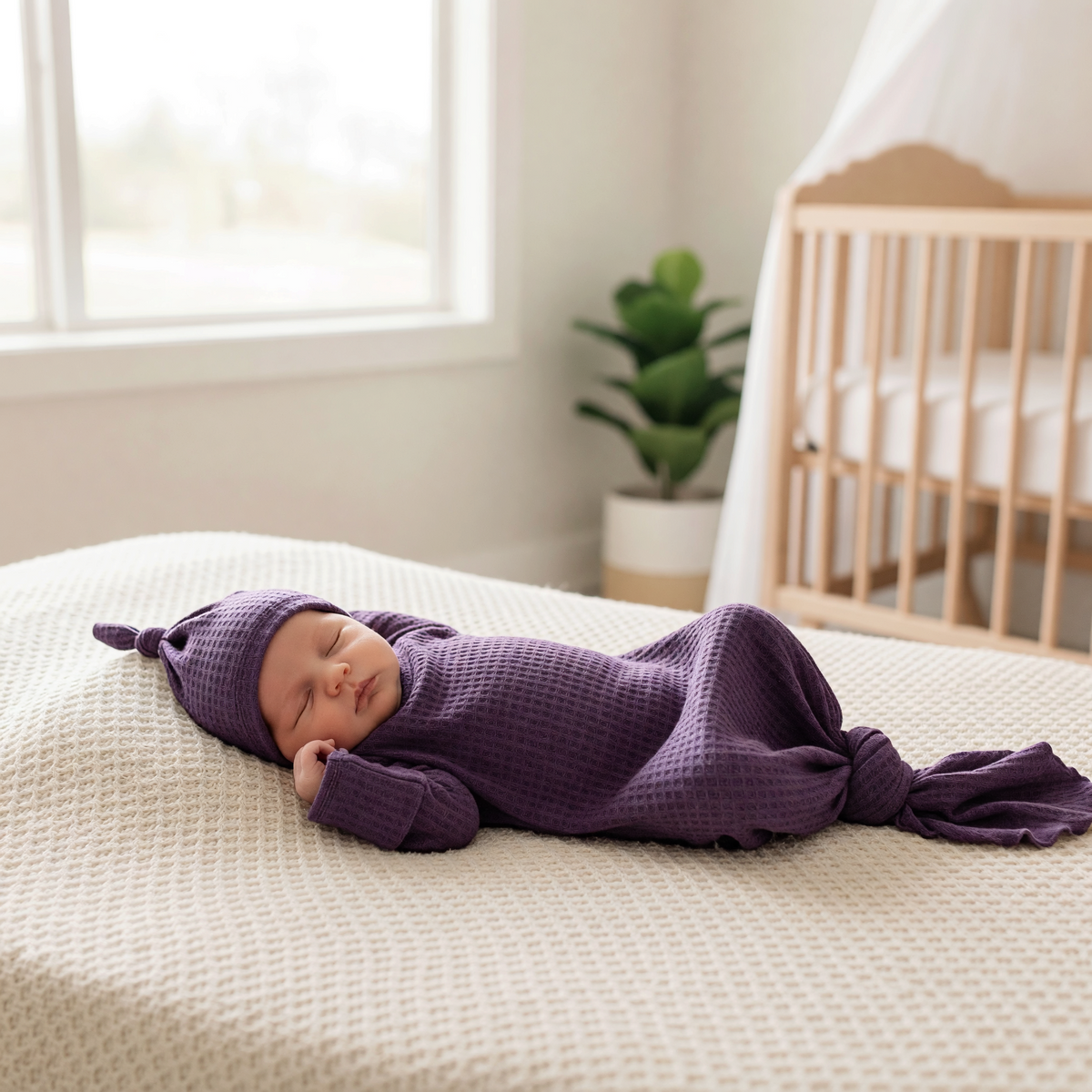 Two Sweet Cheeks newborn baby girl wearing a plum purple waffle knit knotted gown and matching hat on a soft blanket.