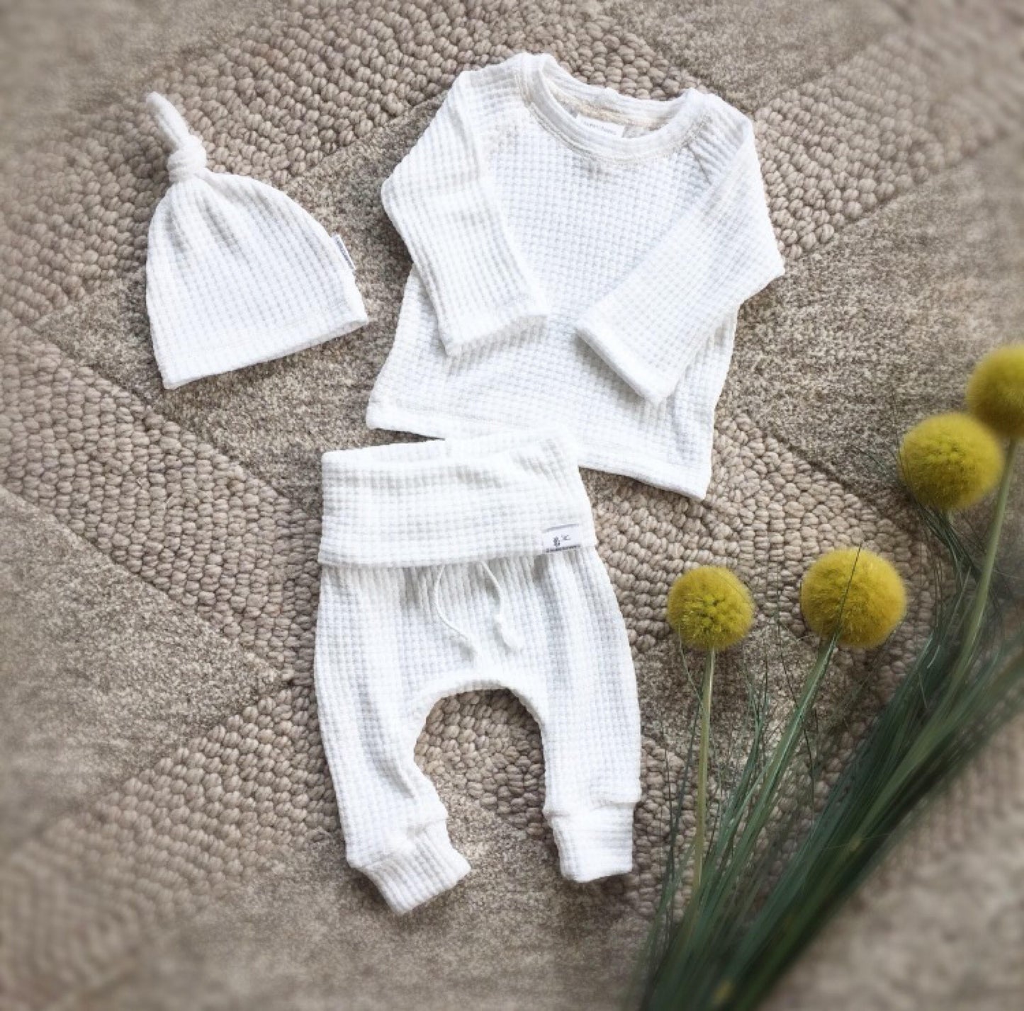White baby shower gift set, timeless waffle knit newborn clothes