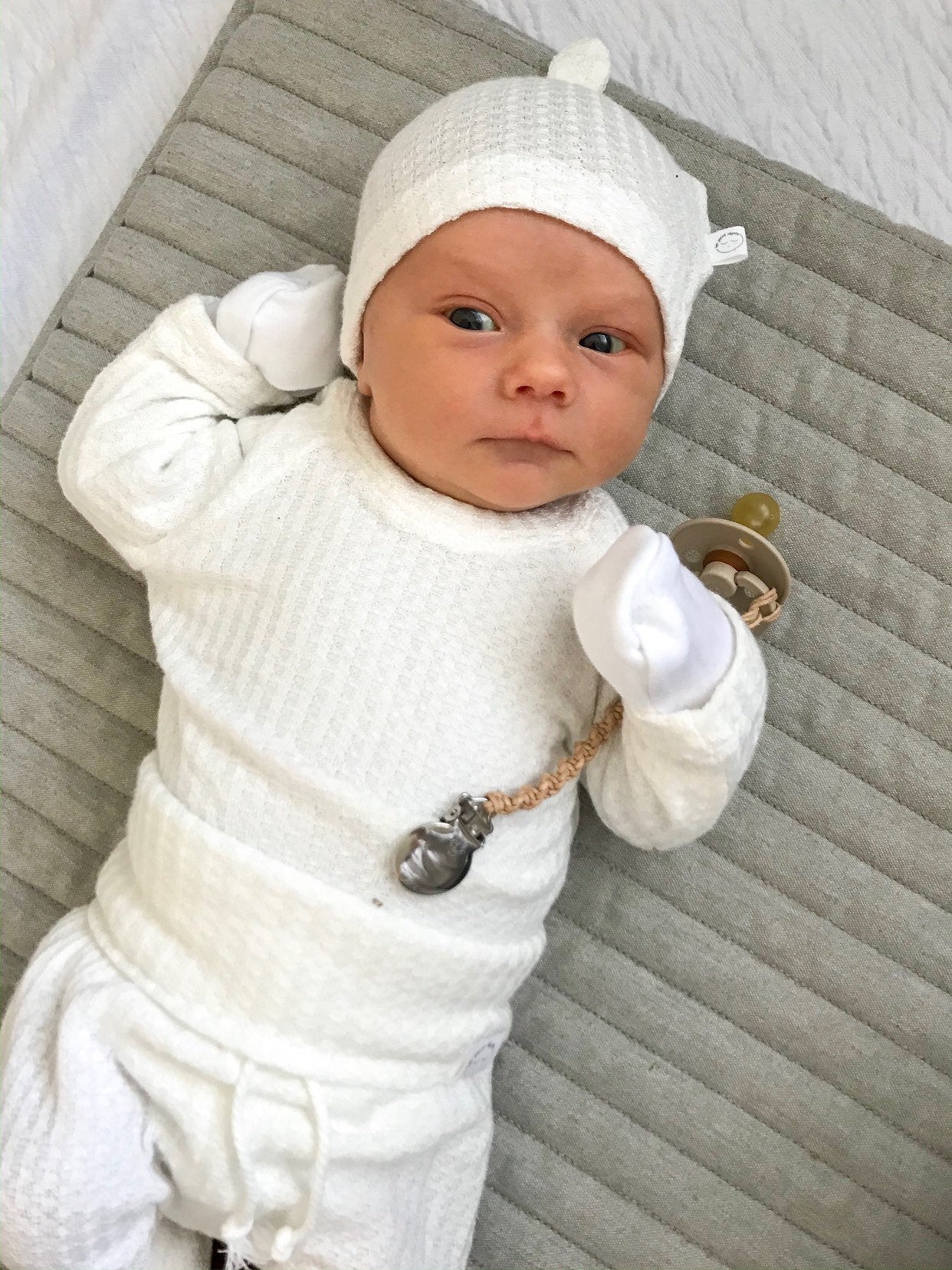 White waffle knit newborn outfit, classic gender neutral baby clothes