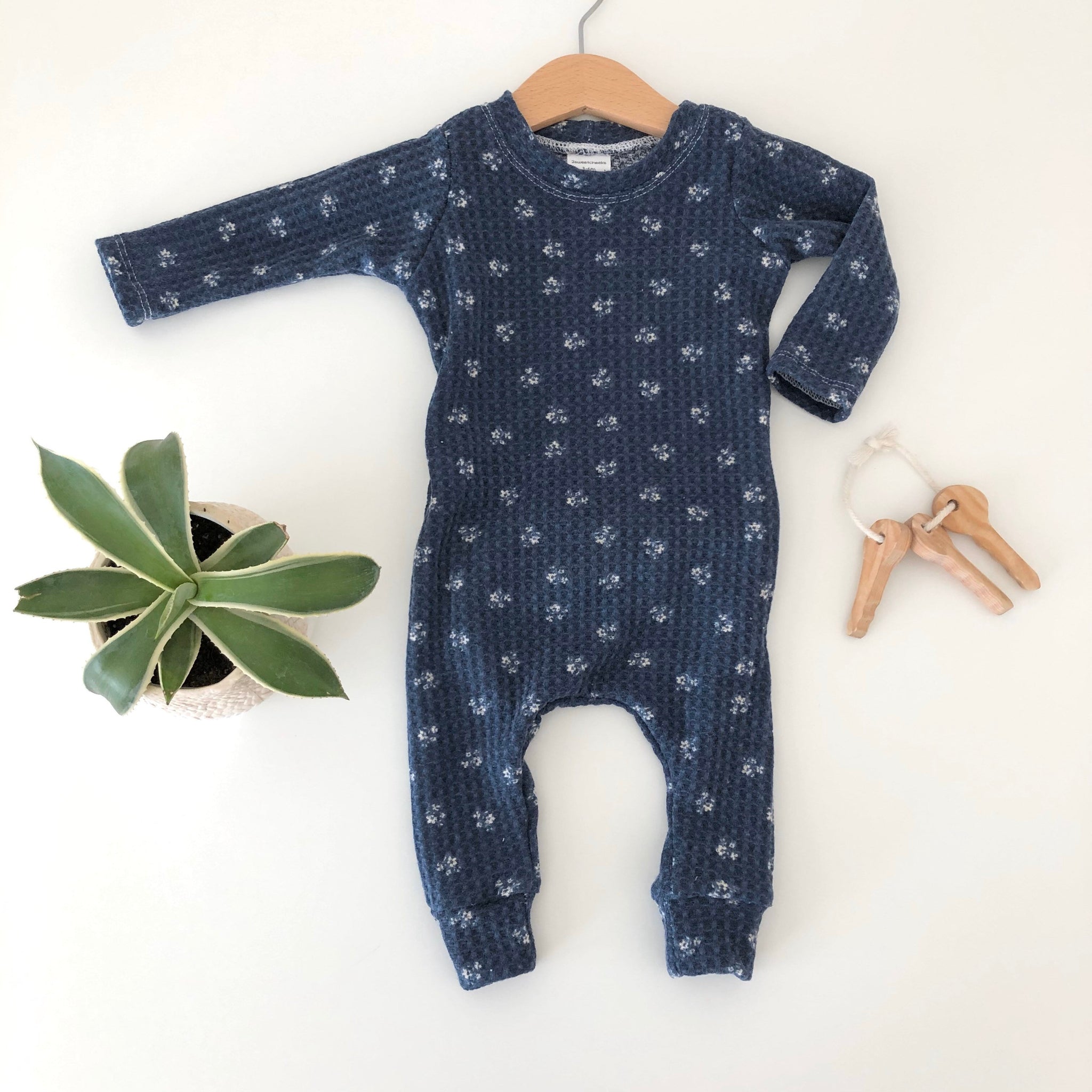 Floral Blue Baby One-Piece – Soft Waffle Knit with Back Flap – Two