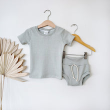 Load image into Gallery viewer, Mint summer baby boy outfit, bummies outfit, shirt and shorts set, two piece, baby boy clothes, summer baby clothes, boho baby, shorties.
