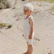 Load image into Gallery viewer, Oatmeal rib summer tank romper, gender neutral, overalls, sleeveless romper, baby boy clothes, baby girl clothes, beach outfit, boho.
