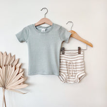 Load image into Gallery viewer, Summer baby clothes, mint short sleeve shirt and stripe bloomers, bummies outfit, baby boy clothes, beach outfit, toddler boy outfit, boho.
