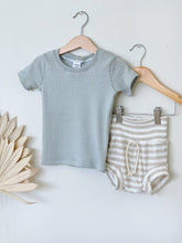 Load image into Gallery viewer, Summer baby clothes, mint short sleeve shirt and stripe bloomers, bummies outfit, baby boy clothes, beach outfit, toddler boy outfit, boho.
