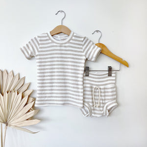 Stripe baby clothes, summer outfit, gender neutral baby, earthy tone, beach vibes, cream clothes, summer set, bummies set, boho baby.