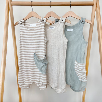 Oatmeal rib summer tank romper, gender neutral, overalls, sleeveless romper, baby boy clothes, baby girl clothes, beach outfit, boho.