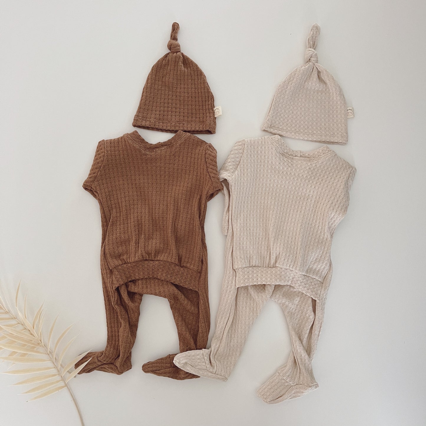 Waffle knit outfit for twin babies, gender neutral twin outfits, boy girl twin clothes.