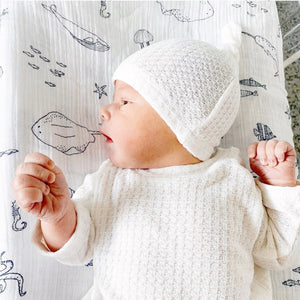 white waffle newborn knotted hat